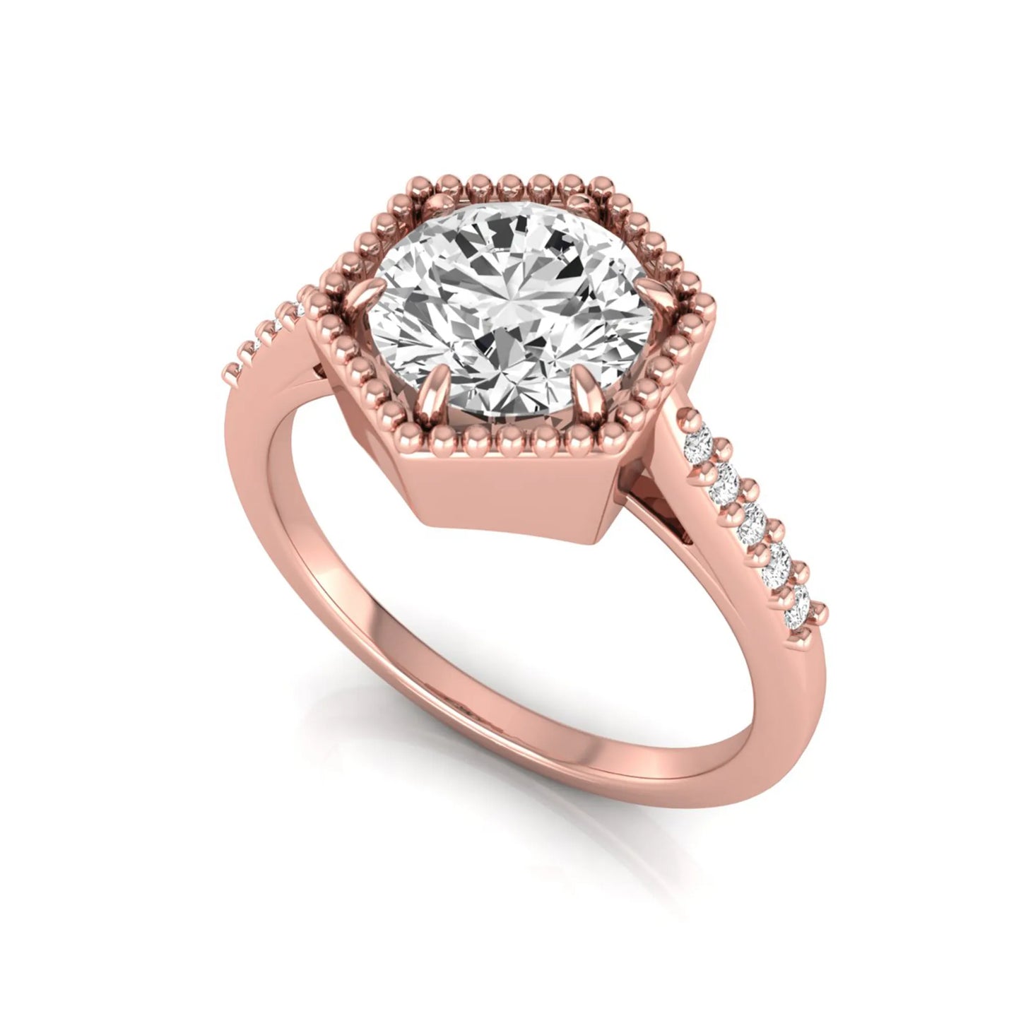 Round cut lab grown diamond engagement ring featuring a hexagon-inspired halo with pavé accent diamonds in a prong setting and polished rose gold tone band.