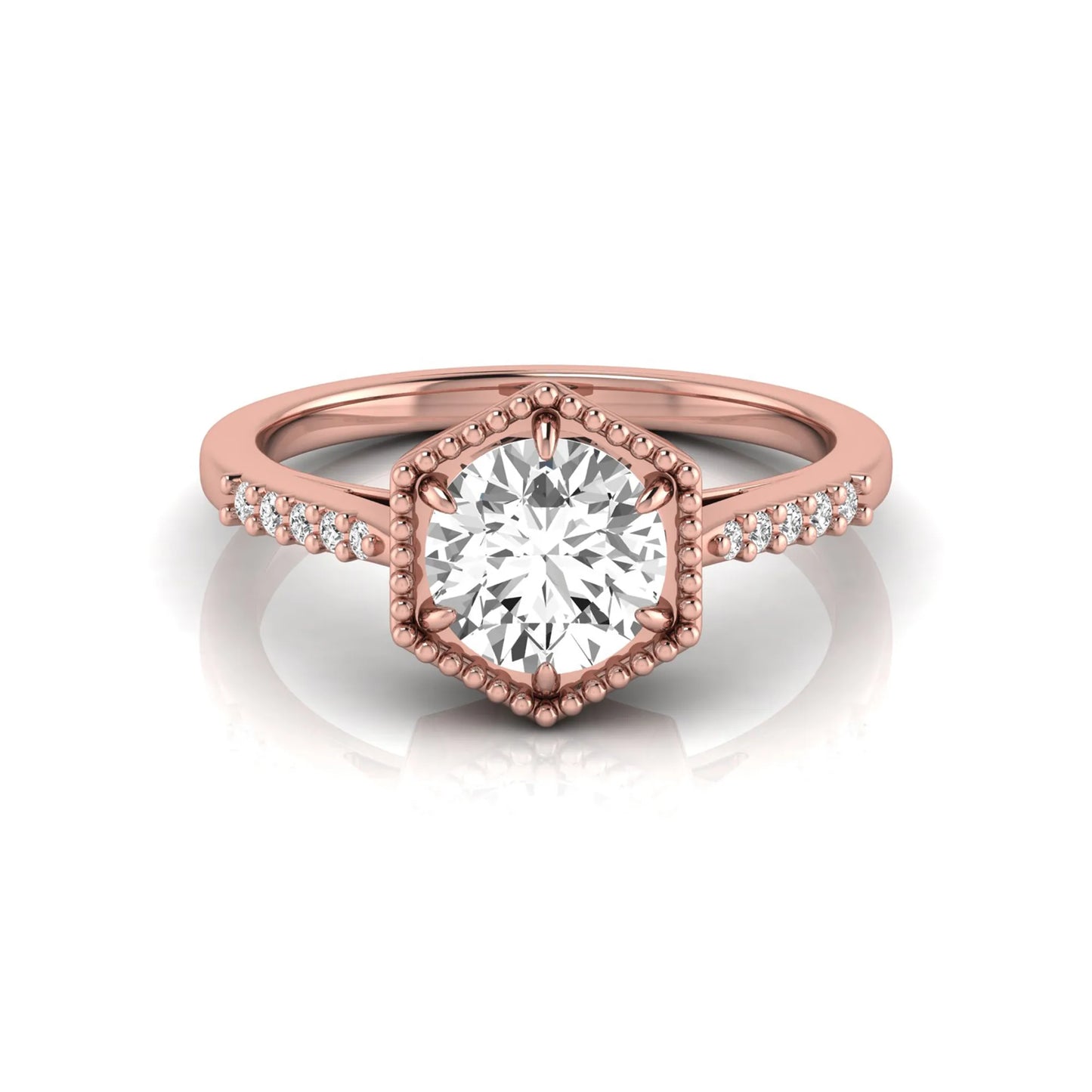 Round cut lab grown diamond engagement ring featuring a hexagon-inspired halo with pavé accent diamonds in a prong setting and polished rose gold tone band.