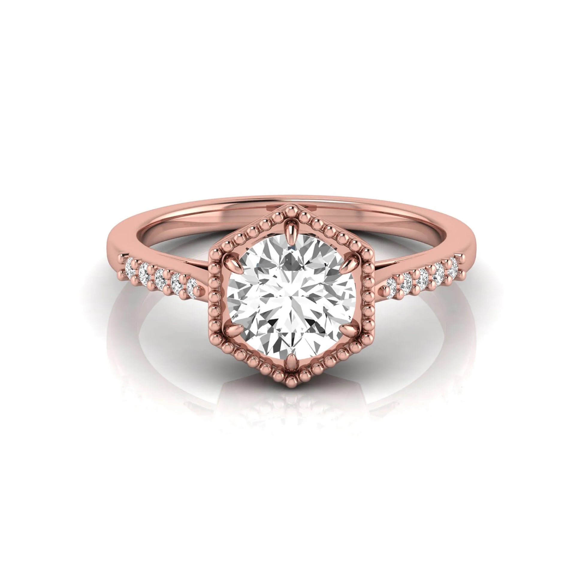 Round cut lab grown diamond engagement ring featuring a hexagon-inspired halo with pavé accent diamonds in a prong setting and polished rose gold tone band.