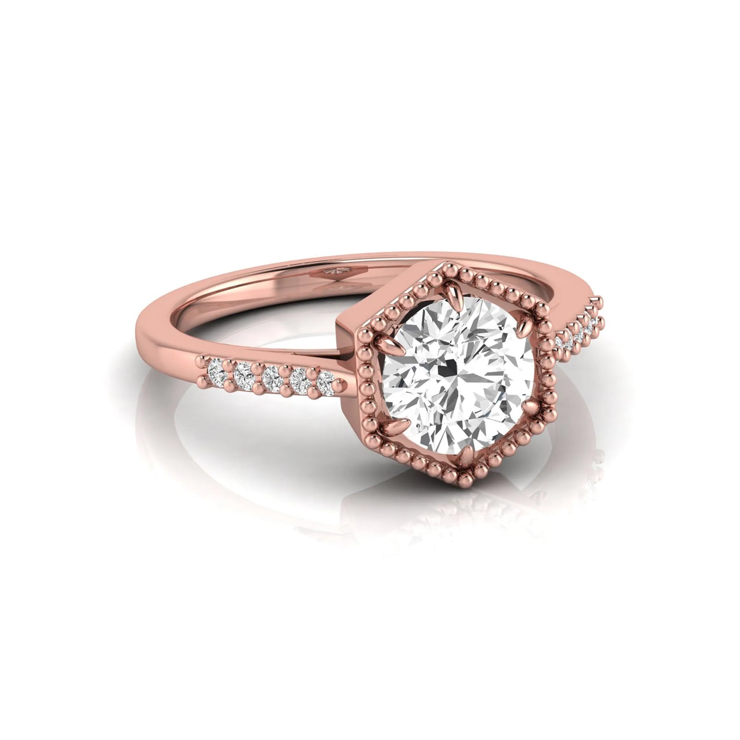 Round cut lab grown diamond engagement ring featuring a hexagon-inspired halo with pavé accent diamonds in a prong setting and polished rose gold tone band.