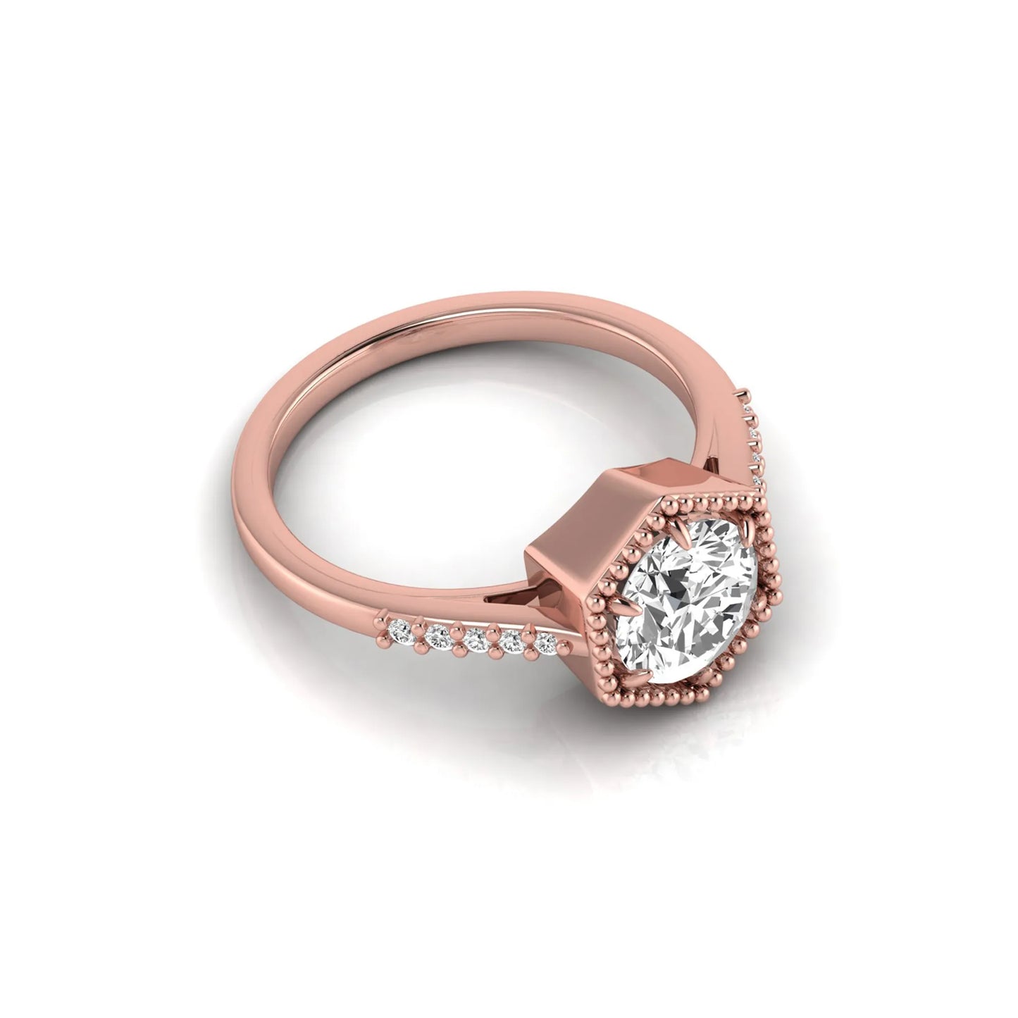 Round cut lab grown diamond engagement ring featuring a hexagon-inspired halo with pavé accent diamonds in a prong setting and polished rose gold tone band.