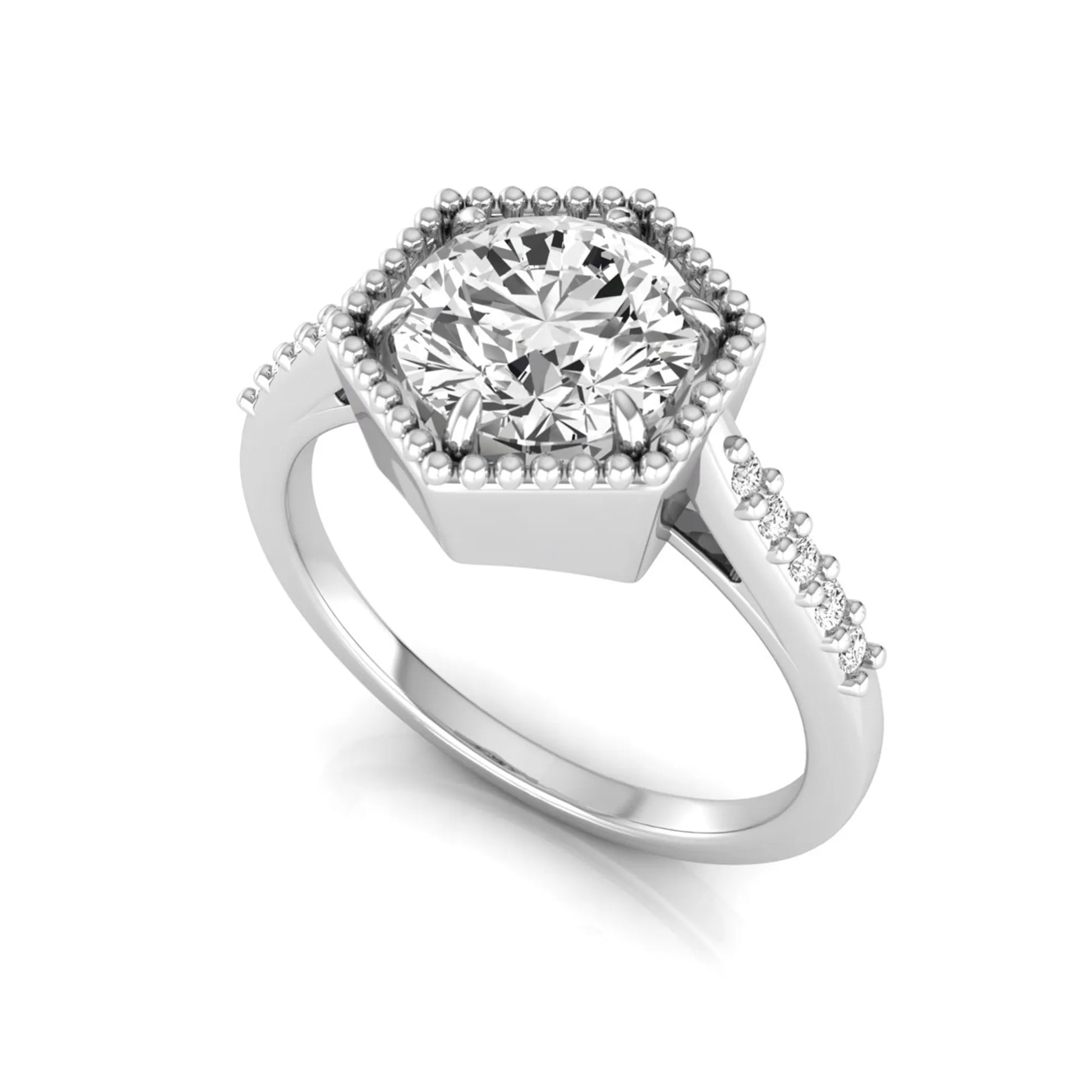 Round cut lab grown diamond engagement ring featuring a hexagon-inspired halo with pavé accent diamonds in a prong setting and polished white gold tone band.