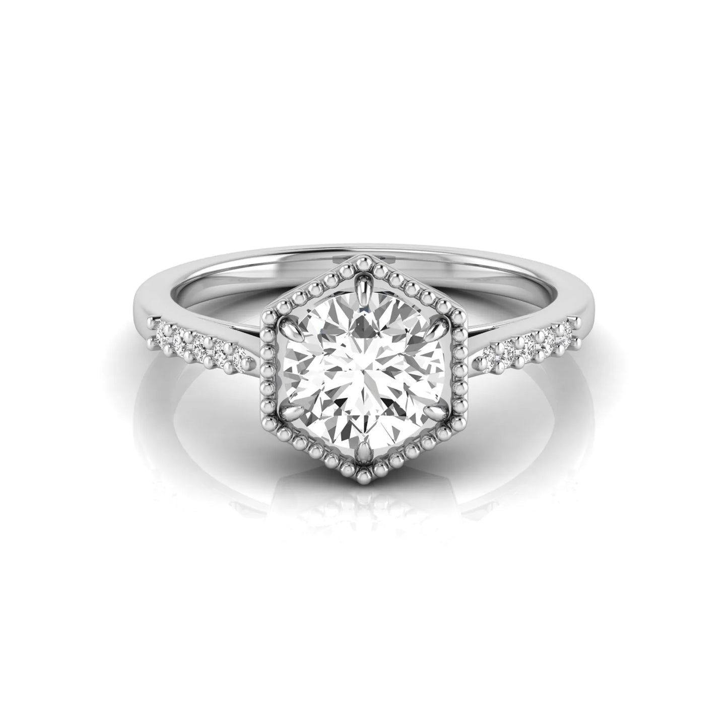 Round cut lab grown diamond engagement ring featuring a hexagon-inspired halo with pavé accent diamonds in a prong setting and polished white gold tone band.