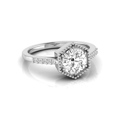 Round cut lab grown diamond engagement ring featuring a hexagon-inspired halo with pavé accent diamonds in a prong setting and polished white gold tone band.