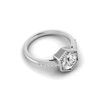 Round cut lab grown diamond engagement ring featuring a hexagon-inspired halo with pavé accent diamonds in a prong setting and polished white gold tone band.