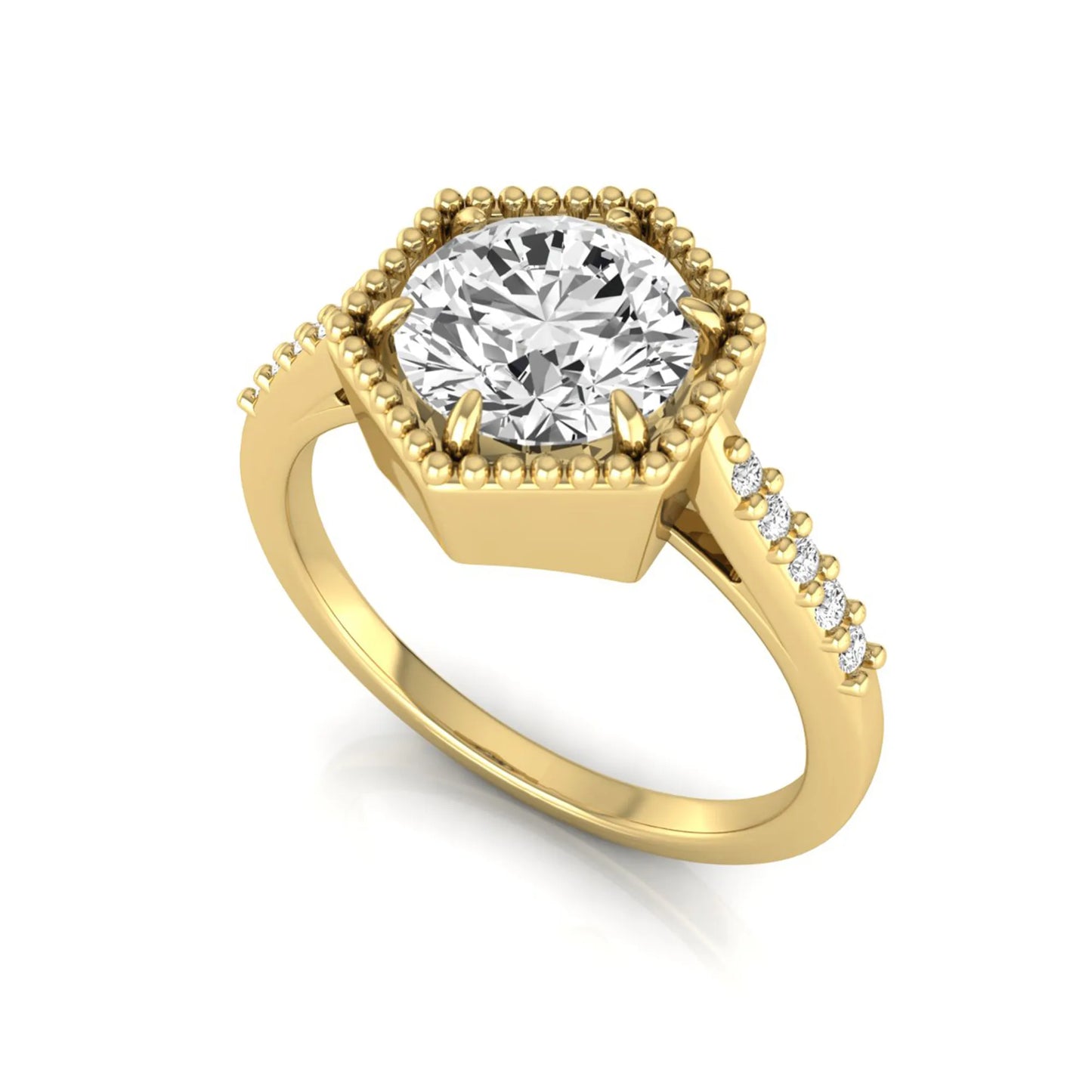 Round cut lab grown diamond engagement ring featuring a hexagon-inspired halo with pavé accent diamonds in a prong setting and polished yellow gold tone band.