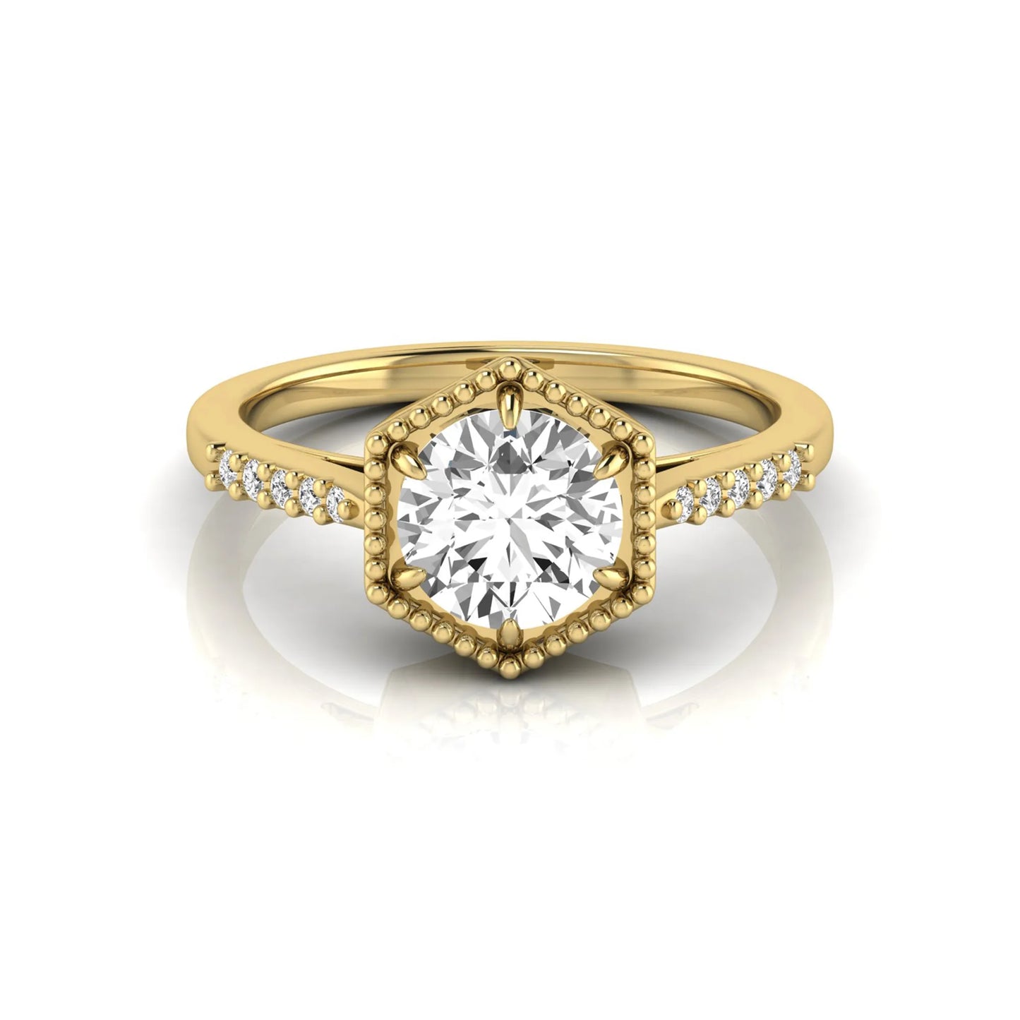 Round cut lab grown diamond engagement ring featuring a hexagon-inspired halo with pavé accent diamonds in a prong setting and polished yellow gold tone band.