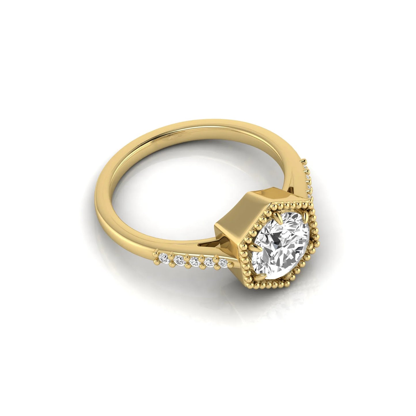 Round cut lab grown diamond engagement ring featuring a hexagon-inspired halo with pavé accent diamonds in a prong setting and polished yellow gold tone band.