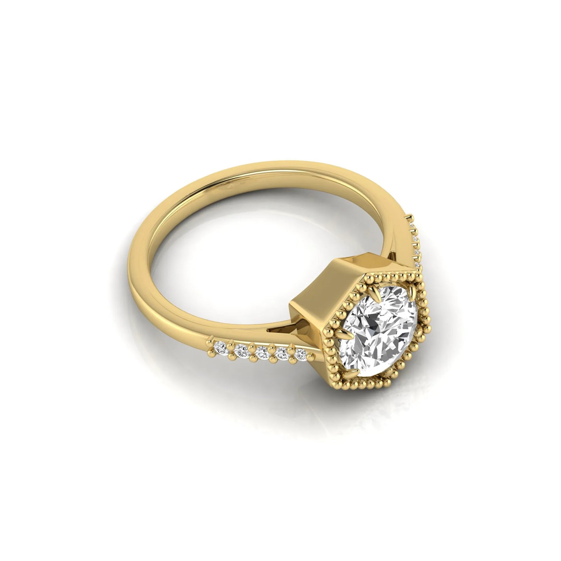 Round cut lab grown diamond engagement ring featuring a hexagon-inspired halo with pavé accent diamonds in a prong setting and polished yellow gold tone band.