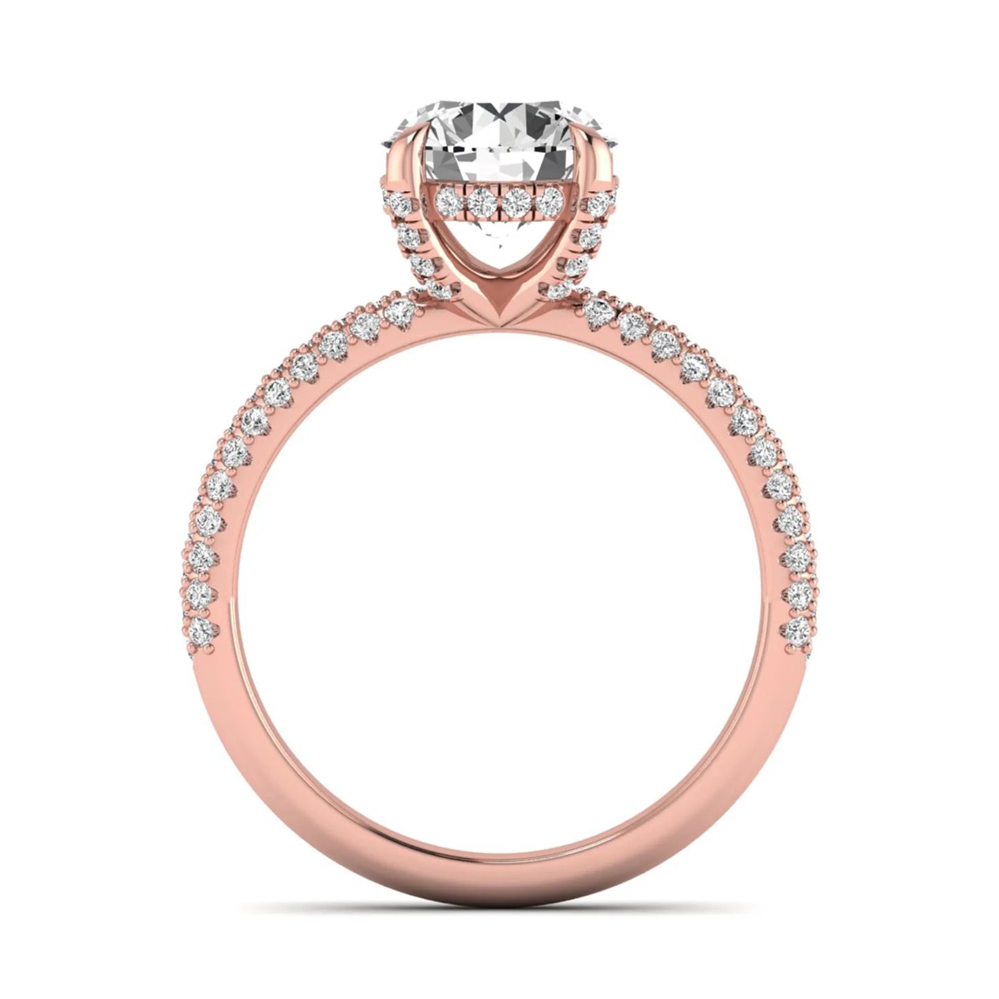 IGI Certified 2.04 carat round cut lab grown diamond hidden halo engagement ring with pavé diamond side stones in rose gold.