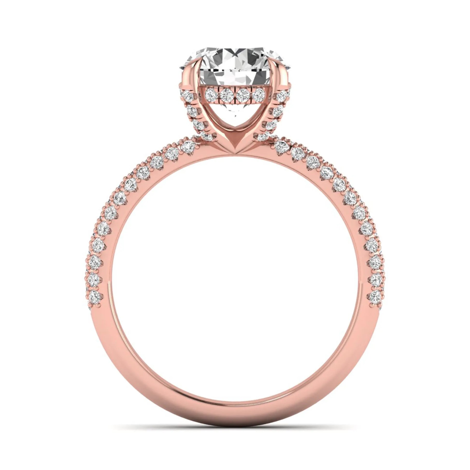 IGI Certified 2.04 carat round cut lab grown diamond hidden halo engagement ring with pavé diamond side stones in rose gold.