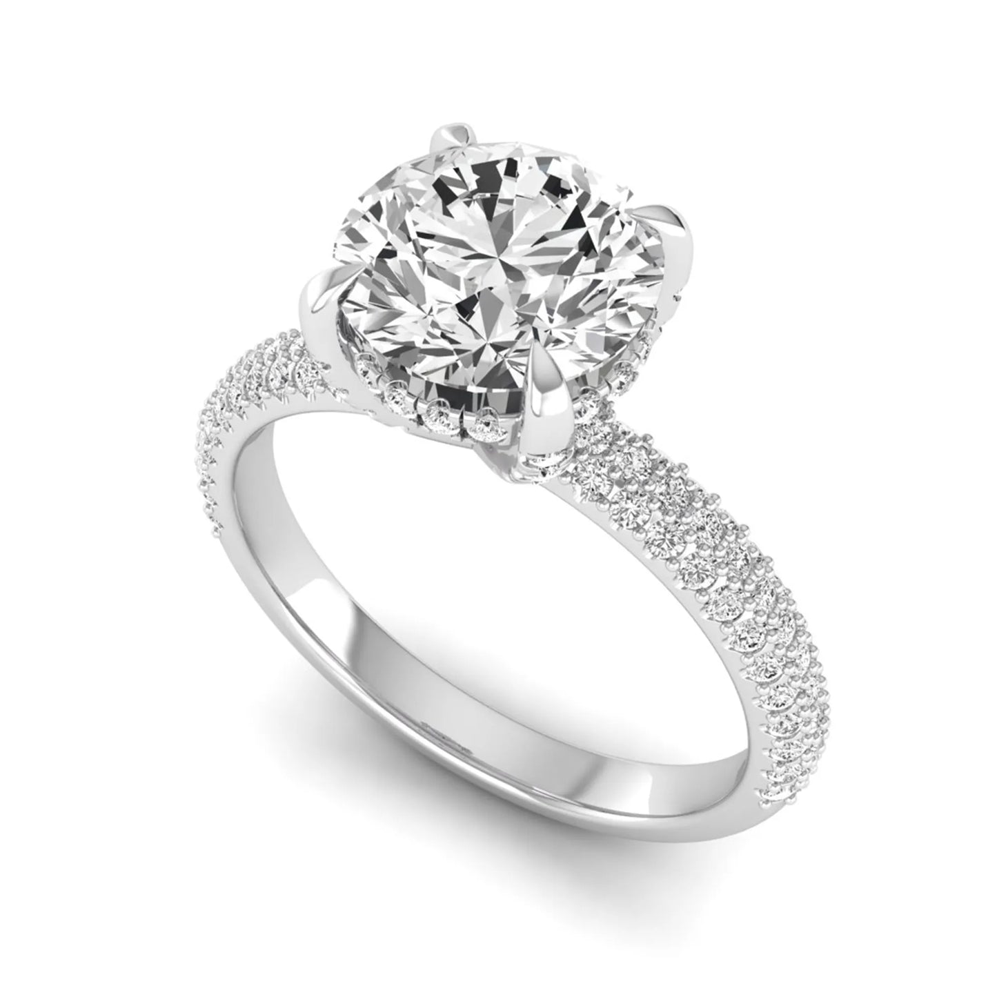 IGI Certified 2.04 carat round cut lab grown diamond hidden halo engagement ring with pavé diamond side stones in white gold.