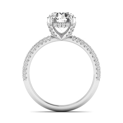IGI Certified 2.04 carat round cut lab grown diamond hidden halo engagement ring with pavé diamond side stones in white gold.