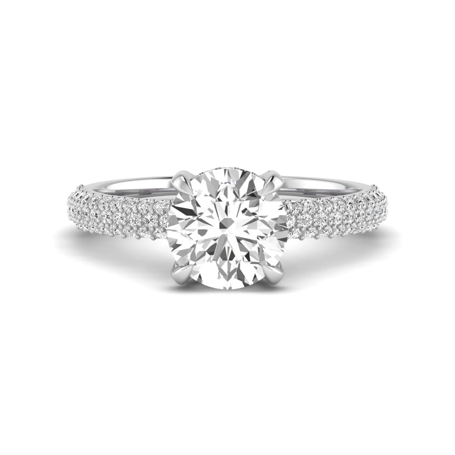 IGI Certified 2.04 carat round cut lab grown diamond hidden halo engagement ring with pavé diamond side stones in white gold.