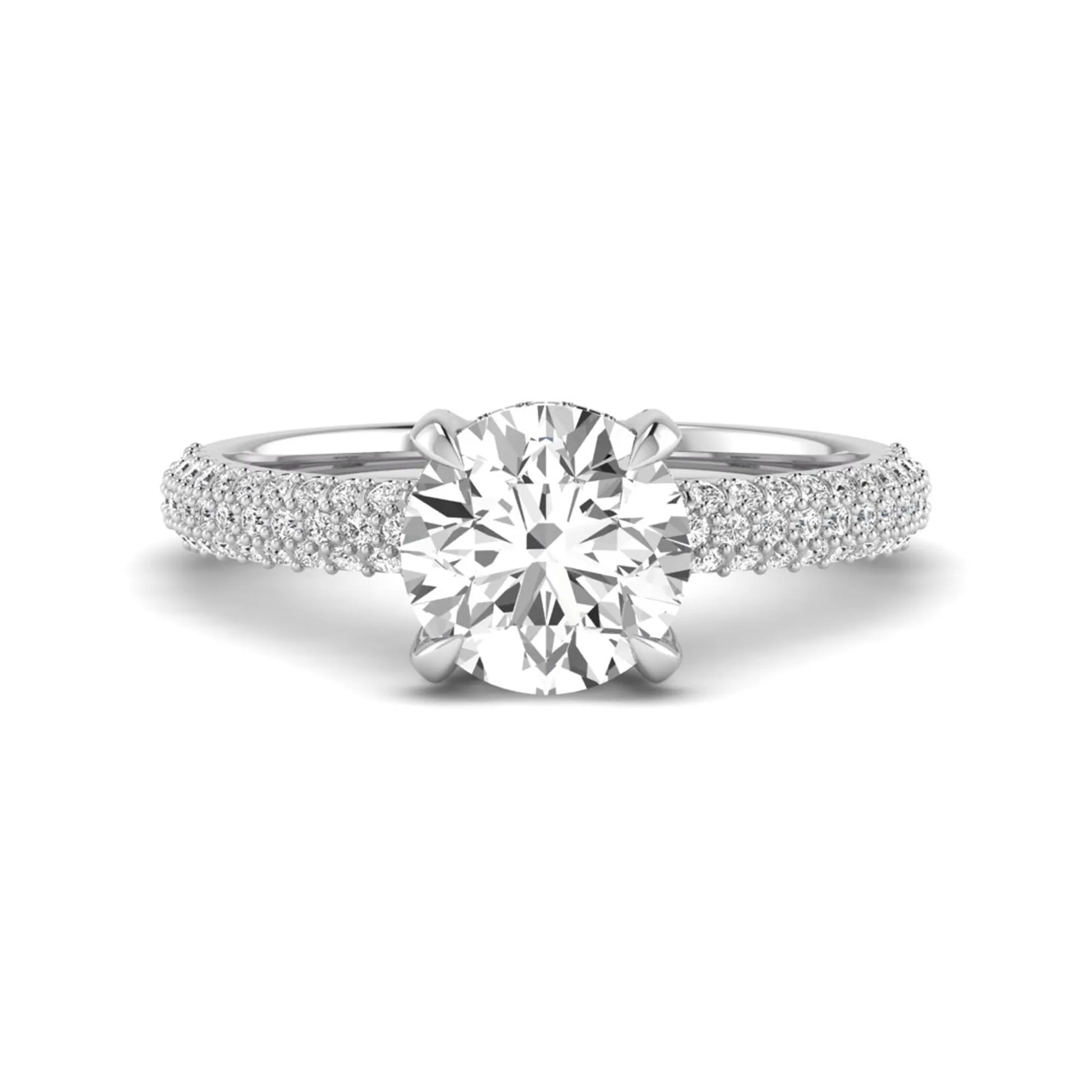 IGI Certified 2.04 carat round cut lab grown diamond hidden halo engagement ring with pavé diamond side stones in white gold.