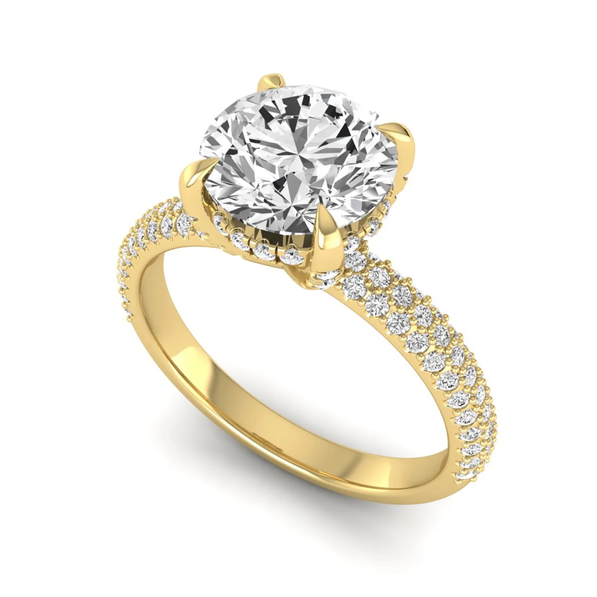 IGI Certified 2.04 carat round cut lab grown diamond hidden halo engagement ring with pavé diamond side stones in yellow gold.