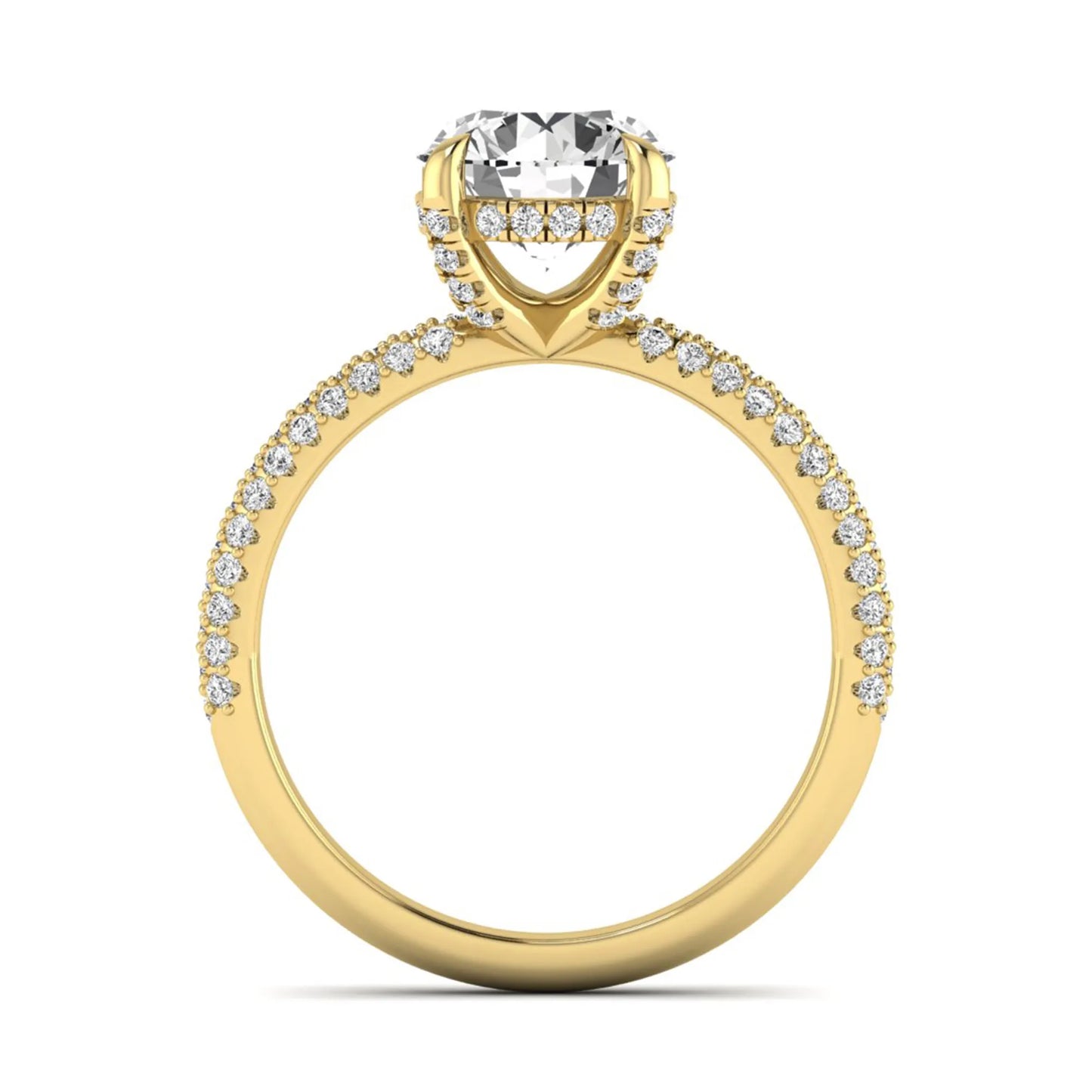 IGI Certified 2.04 carat round cut lab grown diamond hidden halo engagement ring with pavé diamond side stones in yellow gold.
