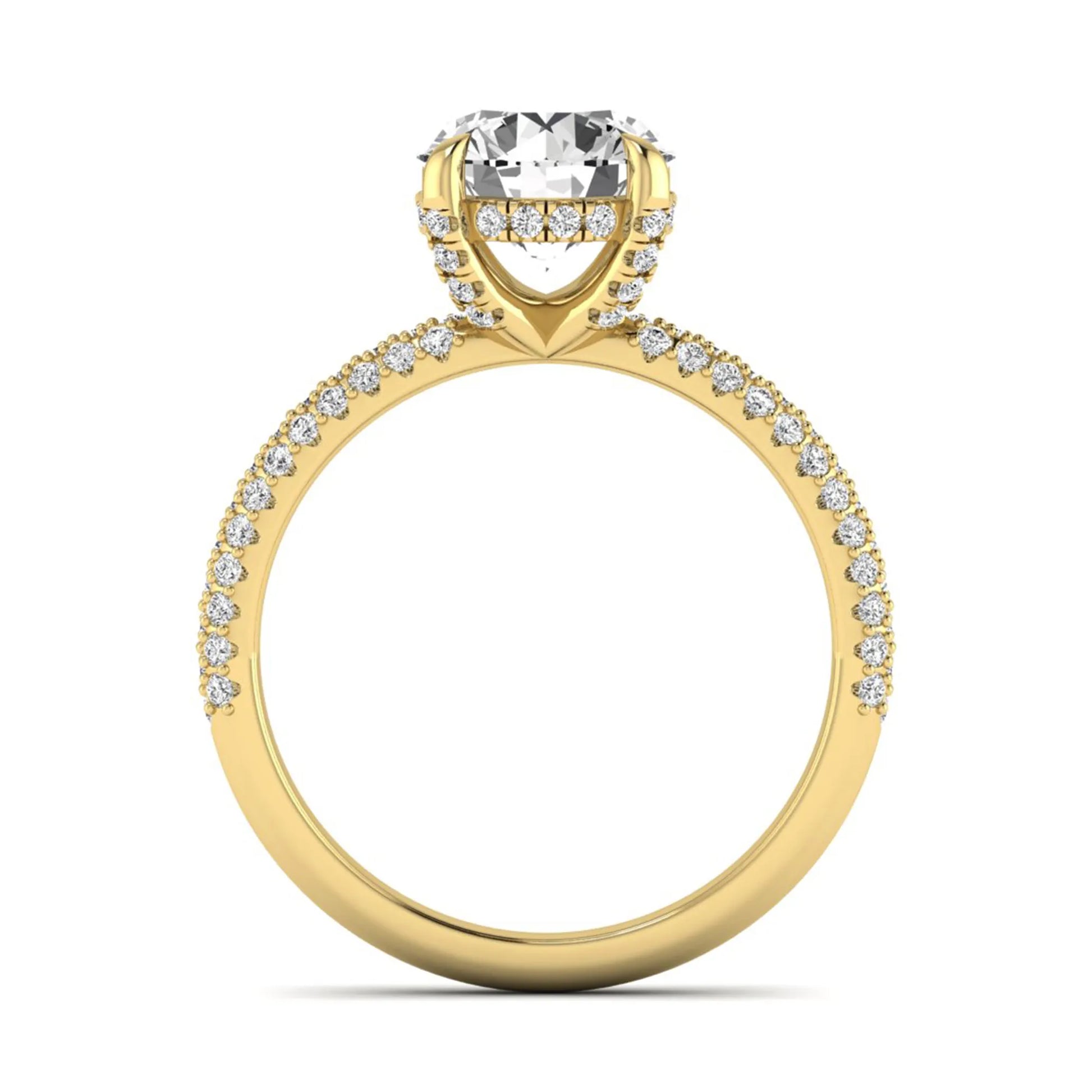 IGI Certified 2.04 carat round cut lab grown diamond hidden halo engagement ring with pavé diamond side stones in yellow gold.