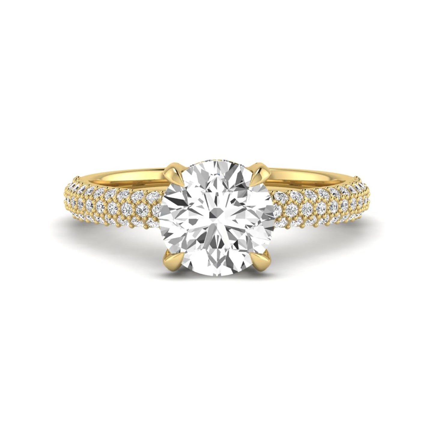 IGI Certified 2.04 carat round cut lab grown diamond hidden halo engagement ring with pavé diamond side stones in yellow gold.