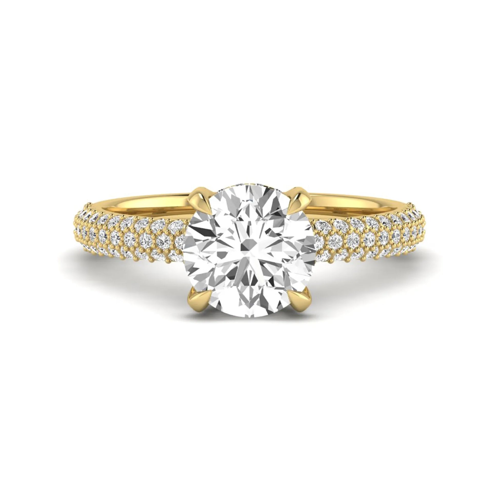 IGI Certified 2.04 carat round cut lab grown diamond hidden halo engagement ring with pavé diamond side stones in yellow gold.