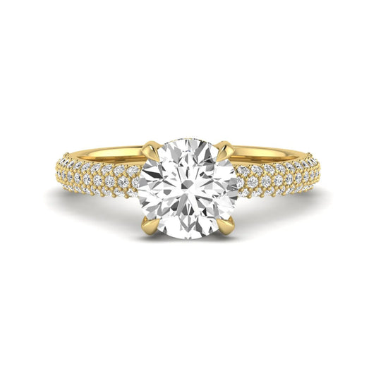 IGI Certified 2.04 carat round cut lab grown diamond hidden halo engagement ring with pavé diamond side stones in yellow gold.