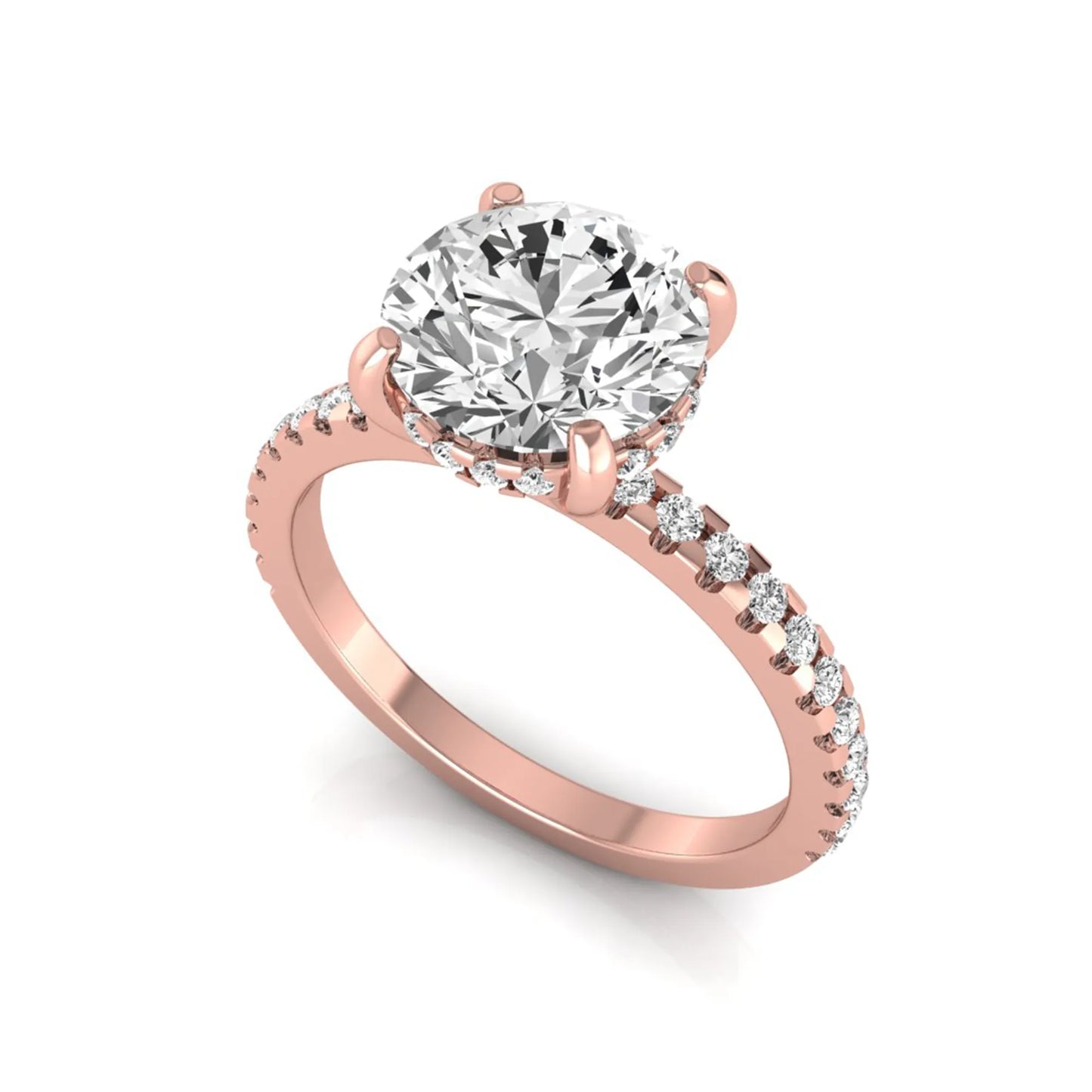 Round cut lab grown diamond engagement ring featuring a hidden halo, pavé accent side diamonds, and a four-prong setting in a rose gold tone with an IGI certified 1.28 carat center diamond.