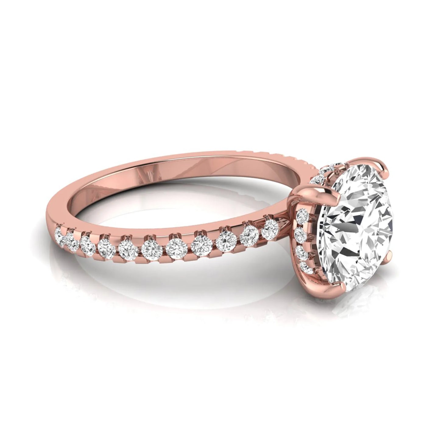 Round cut lab grown diamond engagement ring featuring a hidden halo, pavé accent side diamonds, and a four-prong setting in a rose gold tone with an IGI certified 1.28 carat center diamond.