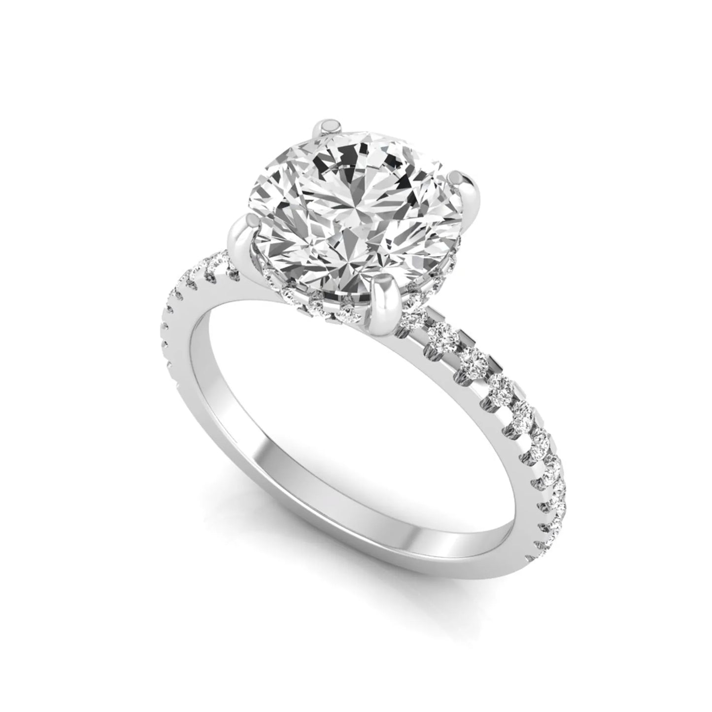 Round cut lab grown diamond engagement ring featuring a hidden halo, pavé accent side diamonds, and a four-prong setting in a white gold tone with an IGI certified 1.28 carat center diamond.