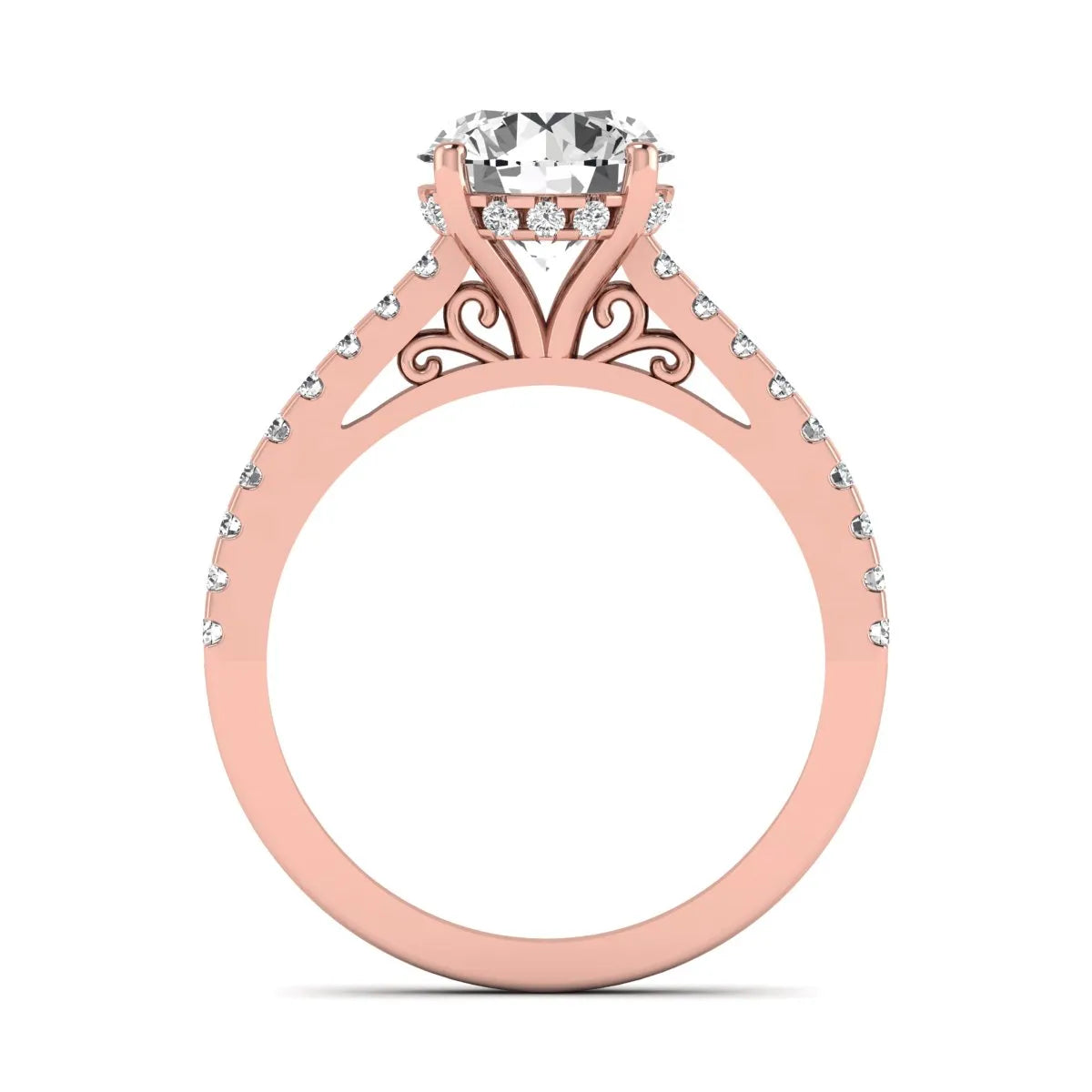 Round Hidden Halo Lab Grown Diamond Engagement Ring featuring an 8.00 mm round center diamond with hidden halo, pavé band, cathedral setting, and prong setting in rose gold