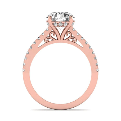 Round Hidden Halo Lab Grown Diamond Engagement Ring featuring an 8.00 mm round center diamond with hidden halo, pavé band, cathedral setting, and prong setting in rose gold