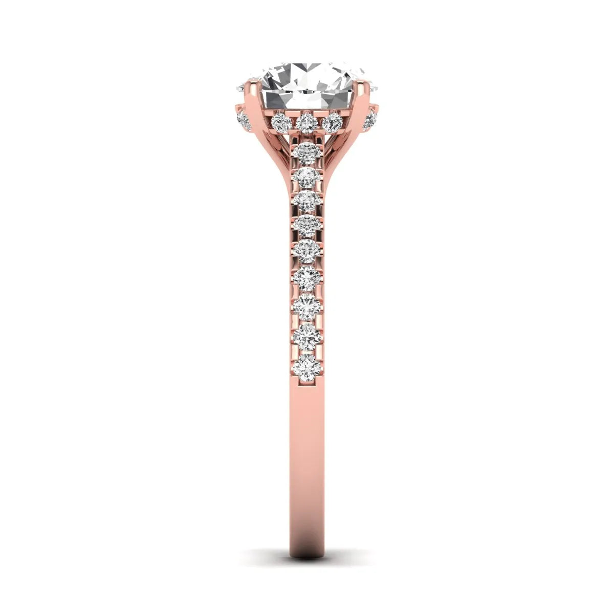 Round Hidden Halo Lab Grown Diamond Engagement Ring featuring an 8.00 mm round center diamond with hidden halo, pavé band, cathedral setting, and prong setting in rose gold