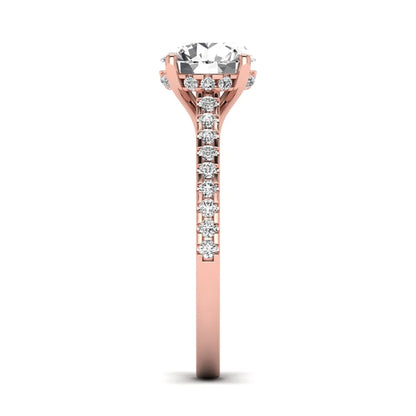 Round Hidden Halo Lab Grown Diamond Engagement Ring featuring an 8.00 mm round center diamond with hidden halo, pavé band, cathedral setting, and prong setting in rose gold