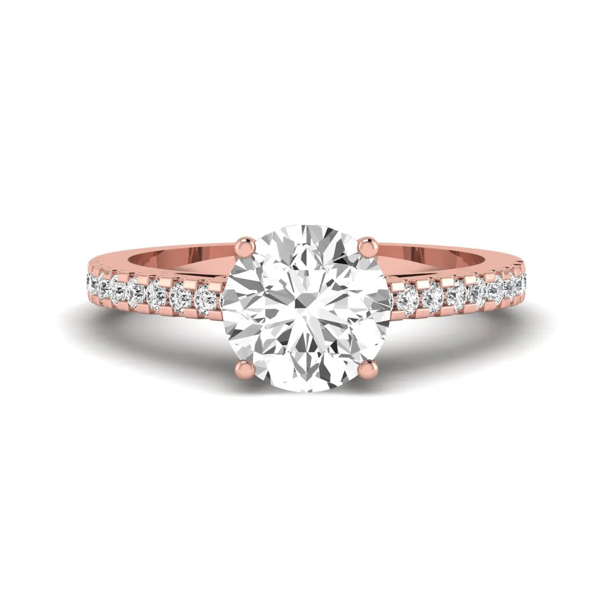 Round Hidden Halo Lab Grown Diamond Engagement Ring featuring an 8.00 mm round center diamond with hidden halo, pavé band, cathedral setting, and prong setting in rose gold