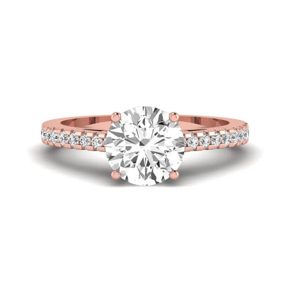 Round Hidden Halo Lab Grown Diamond Engagement Ring featuring an 8.00 mm round center diamond with hidden halo, pavé band, cathedral setting, and prong setting in rose gold