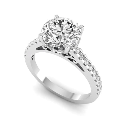Round Hidden Halo Lab Grown Diamond Engagement Ring featuring an 8.00 mm round center diamond with hidden halo, pavé band, cathedral setting, and prong setting in white gold
