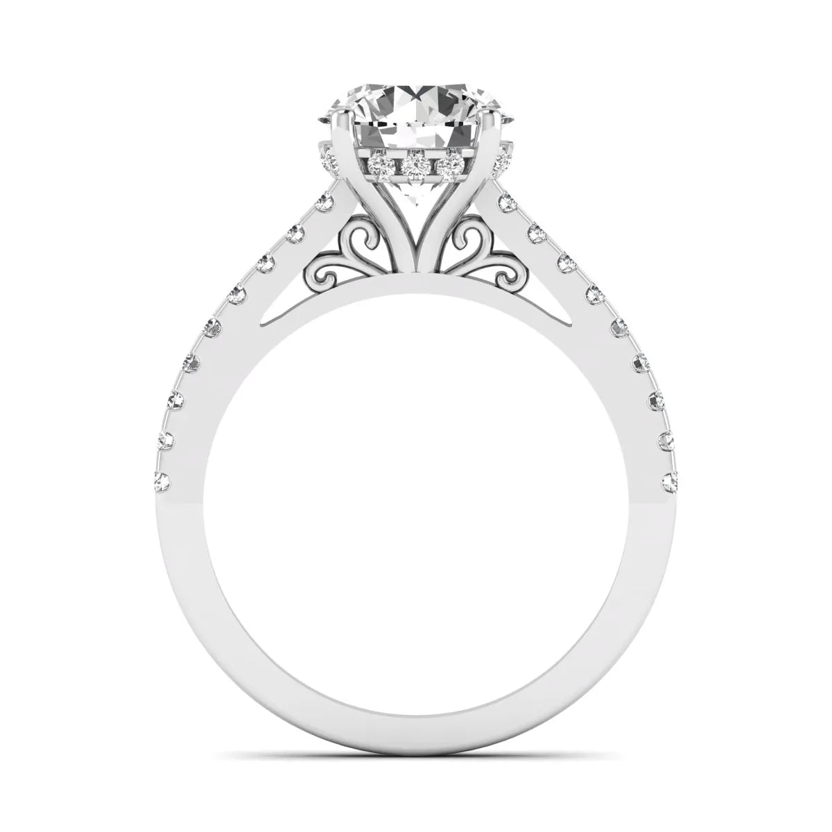 Round Hidden Halo Lab Grown Diamond Engagement Ring featuring an 8.00 mm round center diamond with hidden halo, pavé band, cathedral setting, and prong setting in white gold