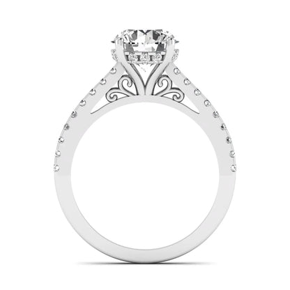 Round Hidden Halo Lab Grown Diamond Engagement Ring featuring an 8.00 mm round center diamond with hidden halo, pavé band, cathedral setting, and prong setting in white gold