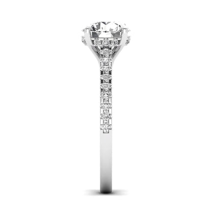 Round Hidden Halo Lab Grown Diamond Engagement Ring featuring an 8.00 mm round center diamond with hidden halo, pavé band, cathedral setting, and prong setting in white gold