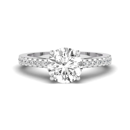 Round Hidden Halo Lab Grown Diamond Engagement Ring featuring an 8.00 mm round center diamond with hidden halo, pavé band, cathedral setting, and prong setting in white gold