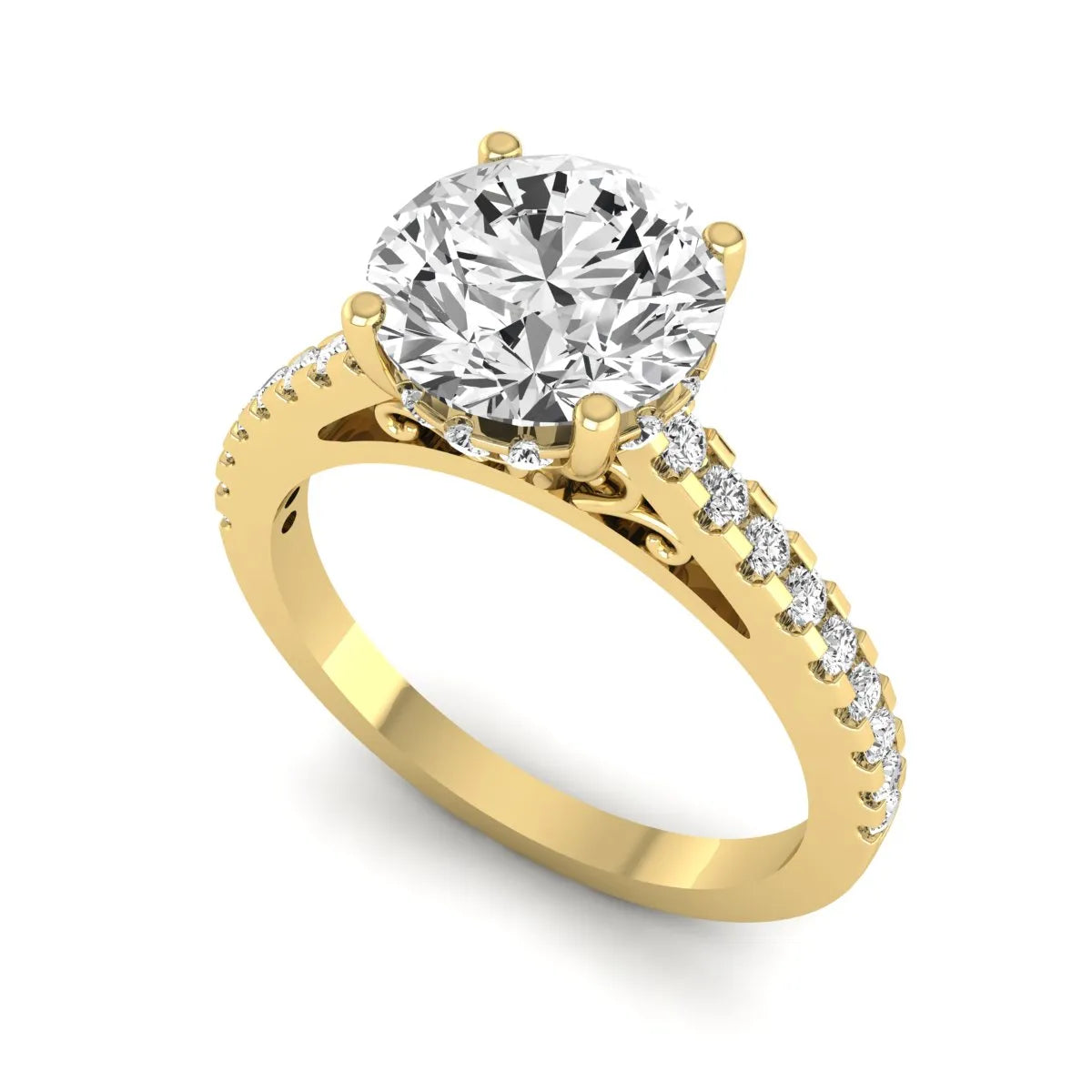 Round Hidden Halo Lab Grown Diamond Engagement Ring featuring an 8.00 mm round center diamond with hidden halo, pavé band, cathedral setting, and prong setting in yellow gold