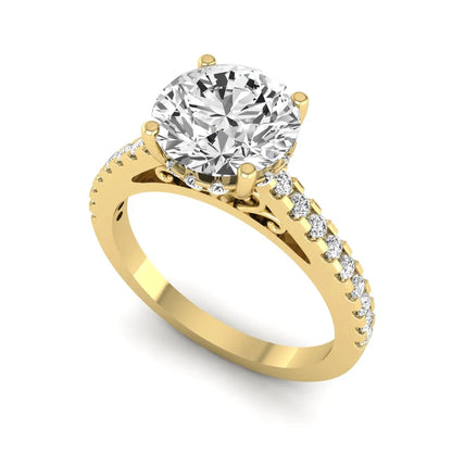 Round Hidden Halo Lab Grown Diamond Engagement Ring featuring an 8.00 mm round center diamond with hidden halo, pavé band, cathedral setting, and prong setting in yellow gold