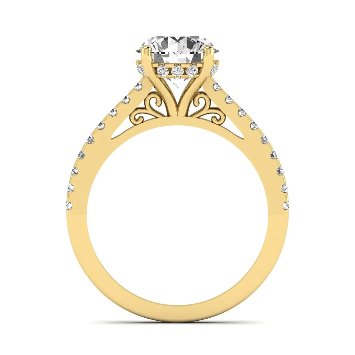 Round Hidden Halo Lab Grown Diamond Engagement Ring featuring an 8.00 mm round center diamond with hidden halo, pavé band, cathedral setting, and prong setting in yellow gold