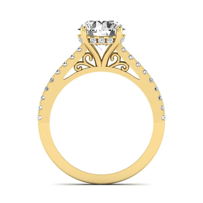 Round Hidden Halo Lab Grown Diamond Engagement Ring featuring an 8.00 mm round center diamond with hidden halo, pavé band, cathedral setting, and prong setting in yellow gold