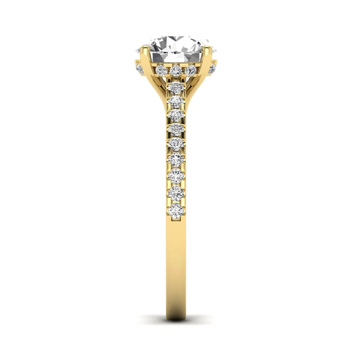 Round Hidden Halo Lab Grown Diamond Engagement Ring featuring an 8.00 mm round center diamond with hidden halo, pavé band, cathedral setting, and prong setting in yellow gold