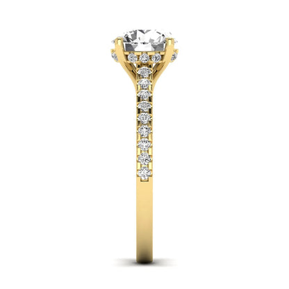 Round Hidden Halo Lab Grown Diamond Engagement Ring featuring an 8.00 mm round center diamond with hidden halo, pavé band, cathedral setting, and prong setting in yellow gold