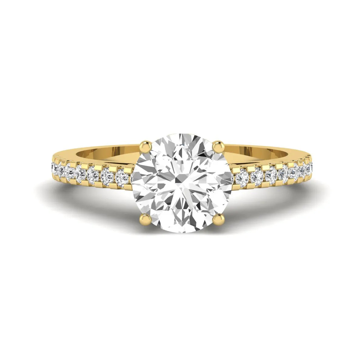 Round Hidden Halo Lab Grown Diamond Engagement Ring featuring an 8.00 mm round center diamond with hidden halo, pavé band, cathedral setting, and prong setting in yellow gold