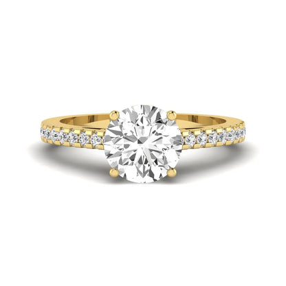 Round Hidden Halo Lab Grown Diamond Engagement Ring featuring an 8.00 mm round center diamond with hidden halo, pavé band, cathedral setting, and prong setting in yellow gold