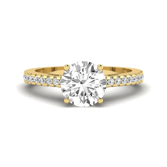 Round Hidden Halo Lab Grown Diamond Engagement Ring featuring an 8.00 mm round center diamond with hidden halo, pavé band, cathedral setting, and prong setting in yellow gold