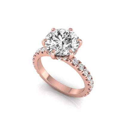 Round hidden halo lab grown diamond engagement ring featuring a 2.75 carat round center diamond with six-prong setting and accent round diamonds in rose gold design.