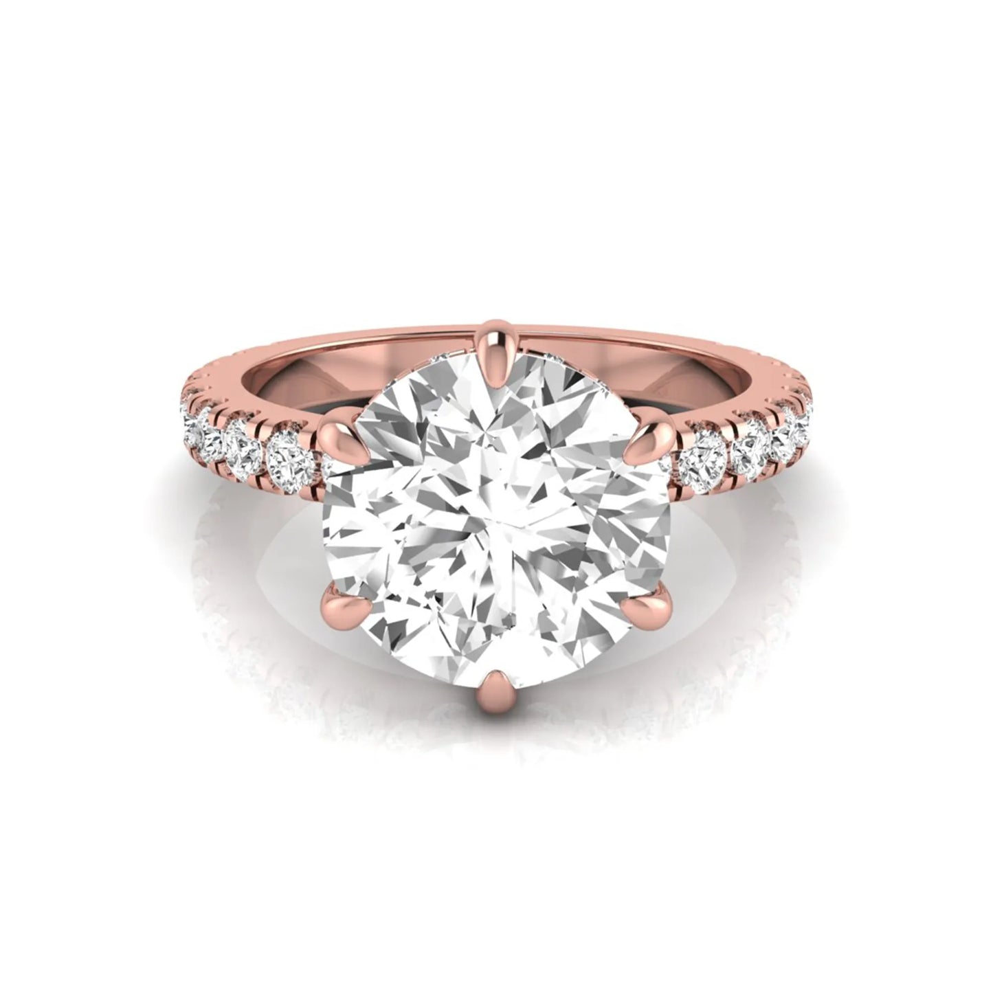 Round hidden halo lab grown diamond engagement ring featuring a 2.75 carat round center diamond with six-prong setting and accent round diamonds in rose gold design.